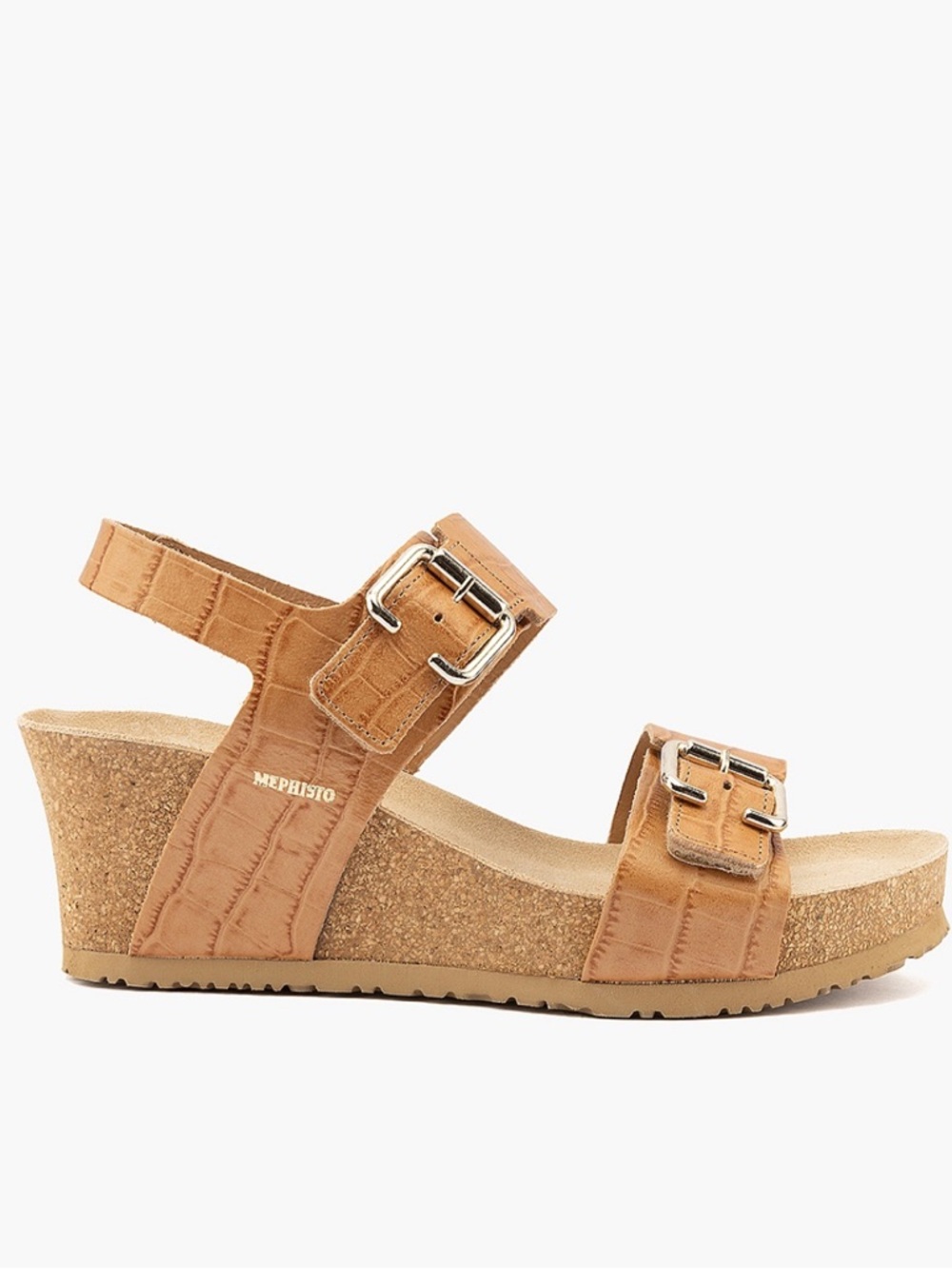 Mephisto Lissandra Hazelnut Tan Embossed Leather Cork Wedge Comfort Sandals